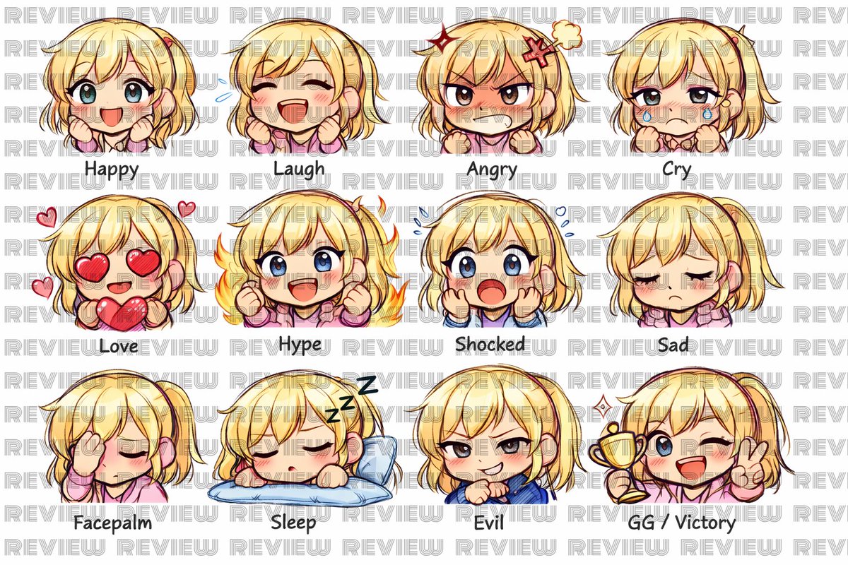 vtuber_nora's tweet photo. I made 12 emotes with different expressions ✨ 
1️⃣ Happy 2️⃣ Laugh 3️⃣ Angry 4️⃣ Cry 5️⃣ Love ❤️ 6️⃣ Hype 🔥 7️⃣ Shocked 😲 8️⃣ Sad 😔 9️⃣ Facepalm 🤦 🔟 Sleep 😴 1️⃣1️⃣ Evil 😏 1️⃣2️⃣ GG 🏆
Which one is your favorite? 👀
 Emote commissions open 💌 
#TwitchEmotes #EmoteArtist #DiscordEmotes https://t.co/sdLztYavqU
