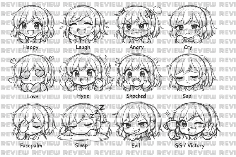 vtuber_nora's tweet photo. I made 12 emotes with different expressions ✨ 
1️⃣ Happy 2️⃣ Laugh 3️⃣ Angry 4️⃣ Cry 5️⃣ Love ❤️ 6️⃣ Hype 🔥 7️⃣ Shocked 😲 8️⃣ Sad 😔 9️⃣ Facepalm 🤦 🔟 Sleep 😴 1️⃣1️⃣ Evil 😏 1️⃣2️⃣ GG 🏆
Which one is your favorite? 👀
 Emote commissions open 💌 
#TwitchEmotes #EmoteArtist #DiscordEmotes https://t.co/sdLztYavqU