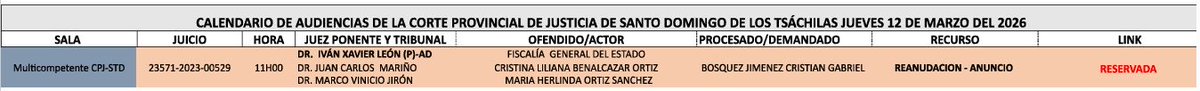 👨🏻‍💻 #SalaMulticompetente de la <a href="/CorteStoDomingo/">Corte Provincial de Justicia de Santo Domingo</a> pone en conocimiento de la ciudadanía la agenda de audiencias programadas para el día jueves 12 de marzo de 2026, en observancia de los principios de transparencia, publicidad y acceso a la información pública.