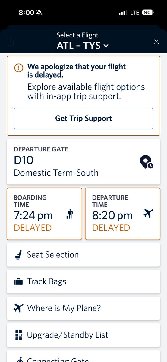 DON8APPAREL's tweet photo. @delta still saying boarding is at 7:24, yet the incoming plane is still de-boarding and it’s 8pm 😂 https://t.co/ox9AicXkrk