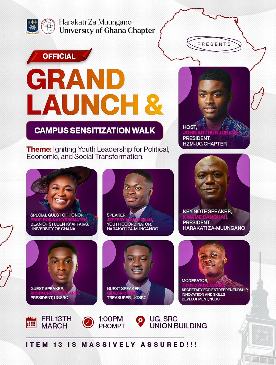 john_arthur59's tweet photo. Honored to host the official launch of @harakatizamuung UG CHAPTER. 🔥

A vision for unity, leadership, and impact on campus begins on Friday 13th of March 2026.

Happening live at the University of Ghana SRC UNION BUILDING. Join us on Friday ( tomorrow) at 1pm💯. https://t.co/w58UZGTRb6