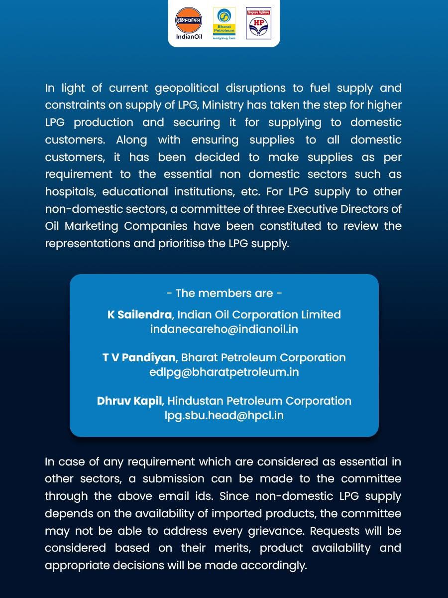 BPCLHyderabad's tweet photo. In light of current geopolitical disruptions affecting global fuel supply, steps have been taken to enhance LPG production and prioritise its availability for domestic consumers and essential non-domestic sectors such as hospitals and educational institutions. https://t.co/qmXnFn5Xb7