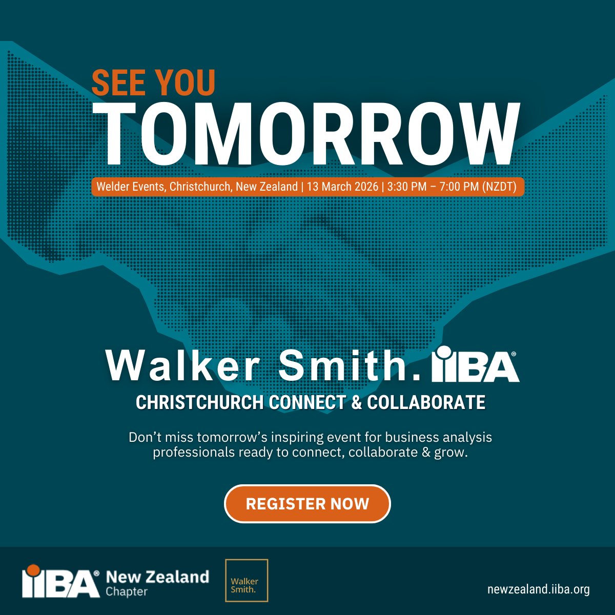 Only 1 day to go, Christchurch BA Professionals, see you tomorrow!
Join us at the <a href="/IIBANZ/">IIBA New Zealand</a> | Walker Smith “Connect &amp; Collaborate” event for networking, conversations, and meaningful connections.
Register here:
 lnkd.in/eaQXSnbK

#IIBANZ #Christchurch #BA