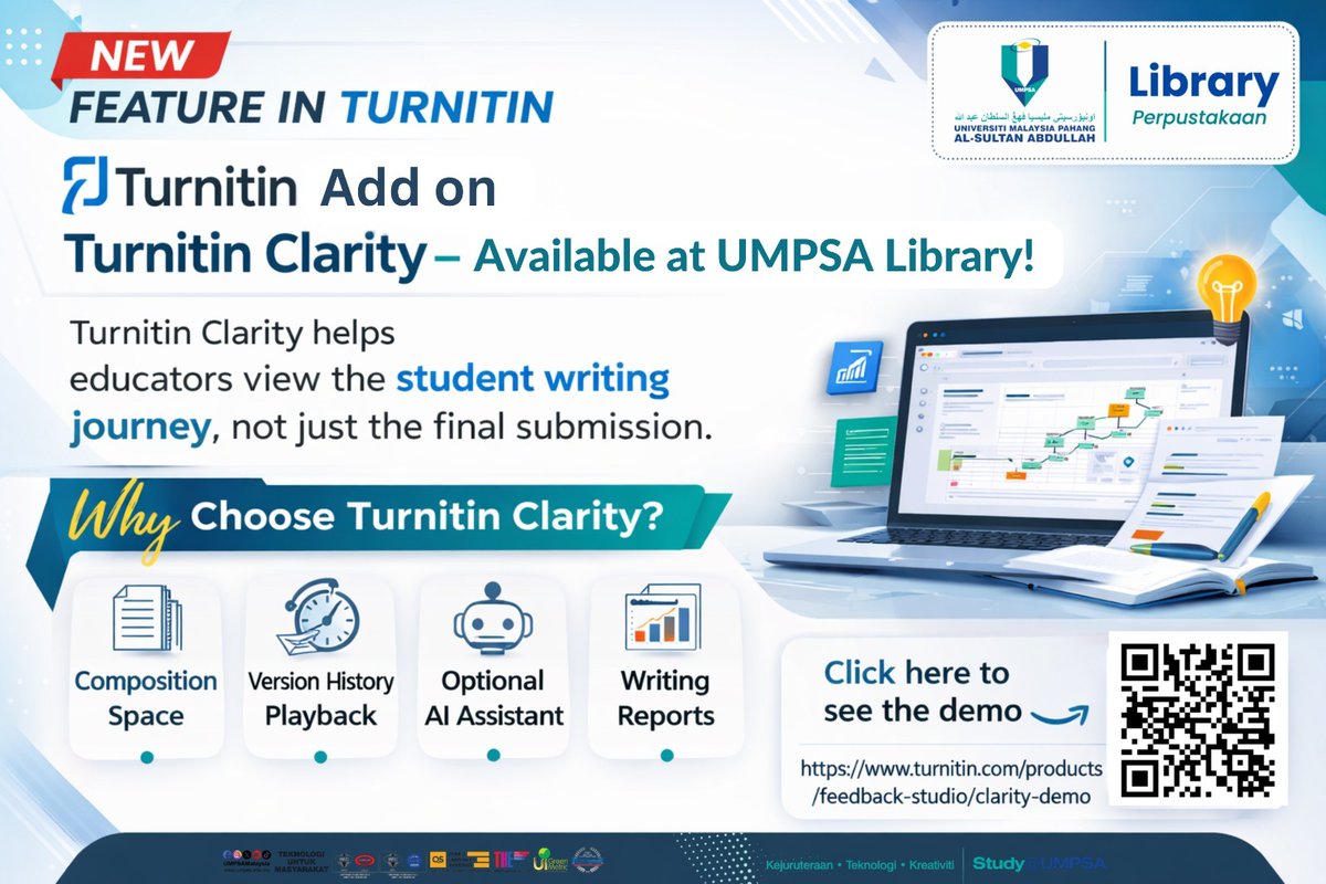 libraryumpsa's tweet photo. UMPSA Library now offers Turnitin Clarity — a new add-on in Turnitin
🎯 Features:
* Composition Space
* Version History Playback
* Optional AI Assistant
* Writing Reports
▶️ Watch the demo:
https://t.co/ZxbsyUh5U2
#UMPSA
#UMPSAMalaysia
#UMPSALibrary
#LibraryUMPSA
#TurnitinClarity https://t.co/Y0AkXbmCih