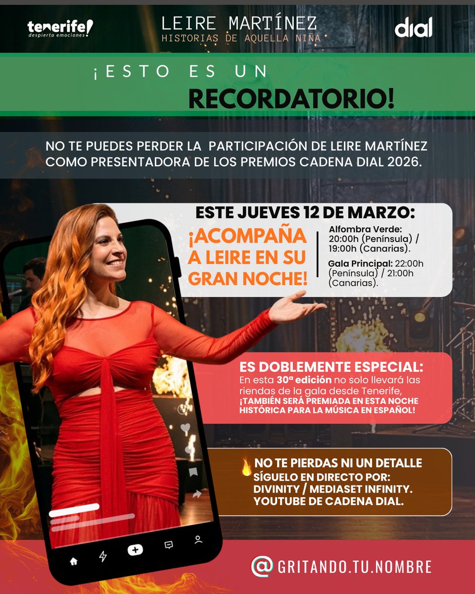 Se viene algo histórico: Leire Martínez brilla en los Cadena Dial 2026 como presentadora y premiada. Una noche inolvidable.  ¡Estamos conectados al YouTube de Dial! Toca apoyar con todo a Leire en este gran logro junto  a su nuevo disco. 
​#LeireMartínez #PremiosDial