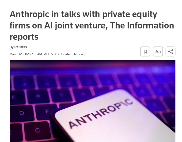 rohanpaul_ai's tweet photo. Anthropic is currently in talks with major private equity firms like Blackstone and Hellman & Friedman to create a joint venture aimed at bringing its Claude AI models to a massive network of corporate businesses.

- per The Information / Reuters

This partnership would likely follow a consulting model similar to Palantir, where experts help traditional companies actually weave AI into their daily operations and software.

Private equity firms own or have stakes in thousands of companies, from healthcare providers to retail chains, and this deal would give Anthropic a direct pipeline to sell its technology to those firms.

---

reuters .com/business/anthropic-talks-with-private-equity-firms-ai-joint-venture-information-reports-2026-03-12/