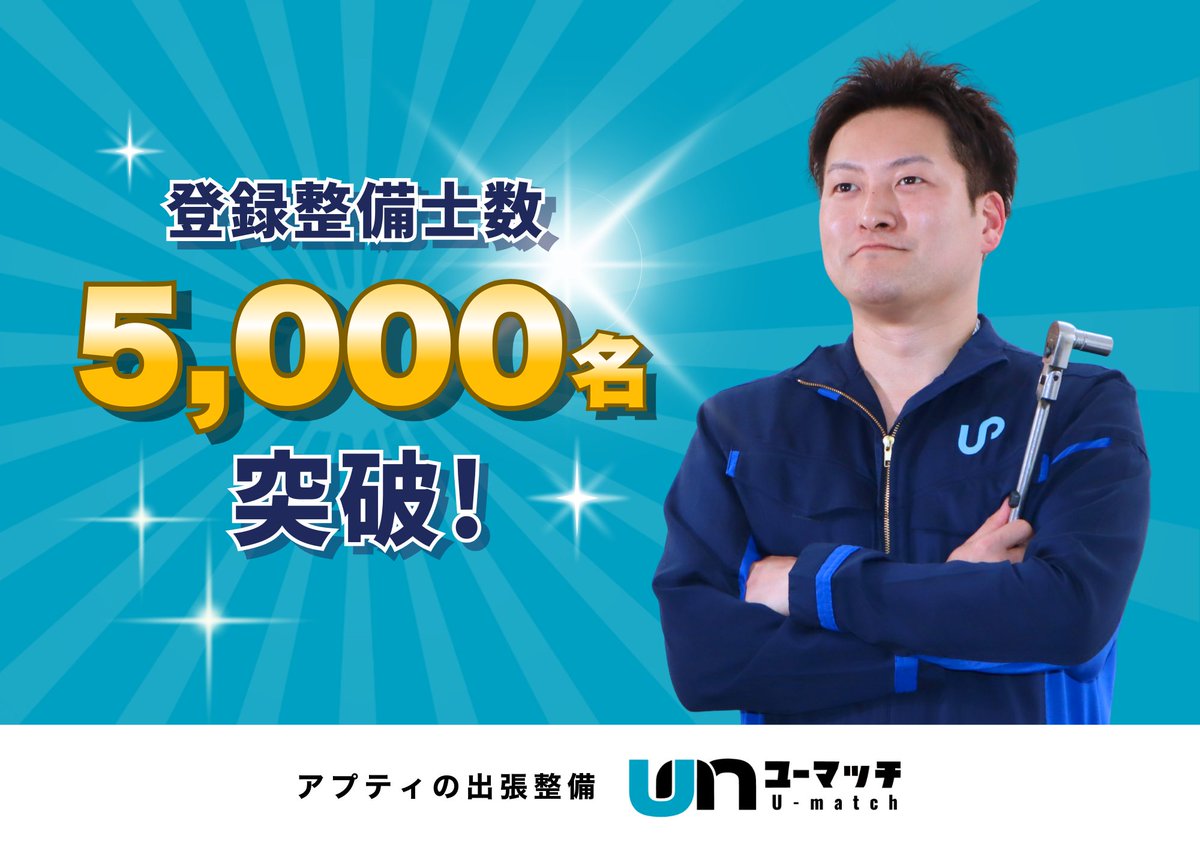 upty_official's tweet photo. アプティの提供する出張整備サービスの「U-match」。

多くの方のご支持を賜り、2024年2月の開始以降、2年で登録整備士数が5,000名を突破しました。

これからも全国の整備工場様・整備士様のパー���ナーとして、サービス提供を続けて参ります。

詳細はこちらから⬇️
https://t.co/JeNvLIgmkH

U-match公式サイト
https://t.co/XacMDIIXgk

#自動車整備