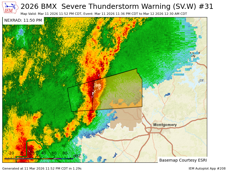 chiltonweather's tweet photo. BMX updates Severe Thunderstorm Warning [wind: 60 MPH (RADAR INDICATED), hail: <.75 IN (RADAR INDICATED)] (cancels Dallas [AL], continues Autauga, Chilton [AL]) till 12:30 AM CDT https://t.co/4fSaQIJDej https://t.co/vmySAOvmfi