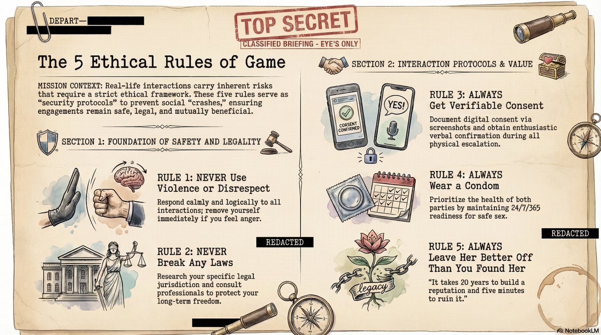 🔥What are 99% of guys missing when they venture into the world to Game or "Rizz" a woman?

✅A simple, well-defined and usable "Code of Conduct".

🚫Without this framework...you are risking it all.

📝Look over the graphic and DM me for the full-mission brief presentation.