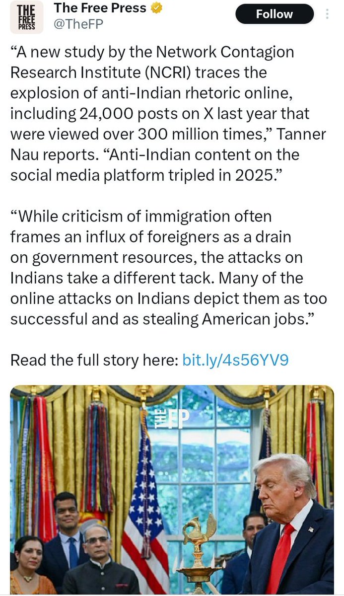 EXPLOSION OF HATE AGAINST HINDUS! Here's WHY- A new NCRI study reveals: 🔥24,000 anti-Indian (Hindu) posts flooded X in 2025
 🌋Viewed over 300 MILLION times
 🔥Anti-Hindu rhetoric TRIPLED in just one year!
The pattern is crystal clear — and terrifying: This isn’t “they’re