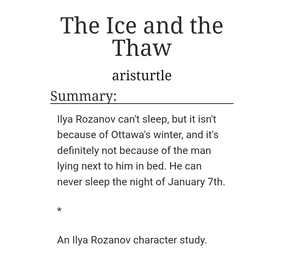 aristurtle__'s tweet photo. The Ice and the Thaw | #hollanov | 2.7k | Rated M | ❄️🌃💔

Ilya can't sleep. He can never sleep the night of January 7th.
An Ilya Rozanov character study.

🔗https://t.co/6psaZnI4kM https://t.co/sOE4V7tsay