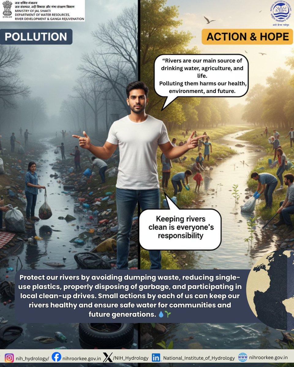 NIH_Hydrology's tweet image. Two futures. One choice. 🌍
Trash in rivers = problems for everyone.
Clean rivers = life, health, and hope. 💧
The planet isn’t asking for perfection… just responsibility.

Let’s stop pollution before it becomes the “new normal.” ♻️

#NIHRoorkee #CleanRivers #WaterIsLife
