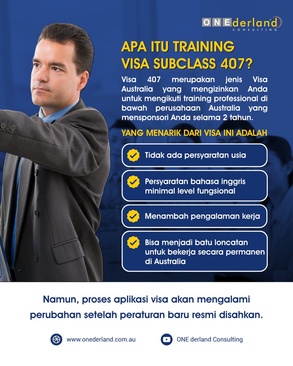 onederland_idn's tweet image. Pemerintah Australia baru saja menginformasikan adanya perubahan tahap aplikasi Training Visa Subclass 407.  

📌Dulu, proses aplikasi dan nominasi bisa dilaksanakan secara bersamaan. 
Sekarang, proses tersebut harus dipisah pelaksanaannya.

#VisaAustralia #MigrationAgent