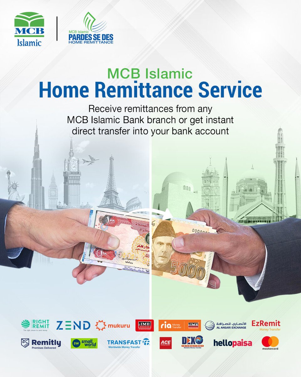 MCBIslamicBank's tweet image. The quickest way to receive money from your loved ones across the globe.

For more details:

✤ Visit bit.ly/HomeRemittance
✤ Call 24/7 Phone Banking at 042-111-222-642
✤ Visit MCB Islamic Bank branch – locate your nearest branch: bit.ly/MCB-Islamic-Br…

#MCBIslamicBank #For
