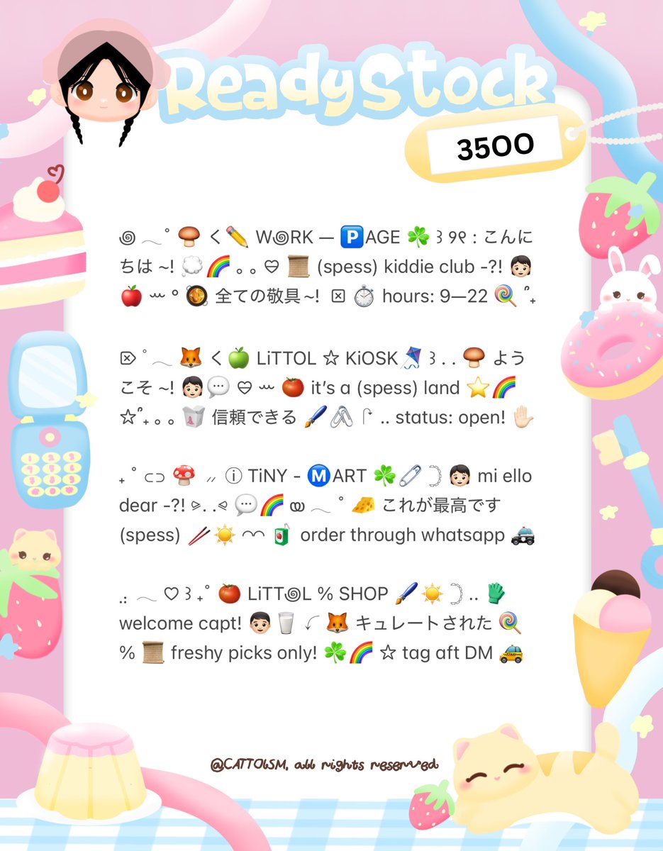 ⣠ ︵  ♥︎  help repost?  tysm <3 ⭐️🎀  𓂅

◠  ⢸⠀ ada  wording  8  bio wording   kidcore  &amp;  cute  ready  stock. . 🎶🍏  𓂃 . εїз   hanya  3.5k .ᐟ.ᐟ  >___%   💬👧🏻   ▷  ketuk  DM  sekarang. . ✋🏻 ₊˚𓂂

☆ —— tap alt for details! . . 🐈💧
zonauang  %  zonajajan  %  zonaba
