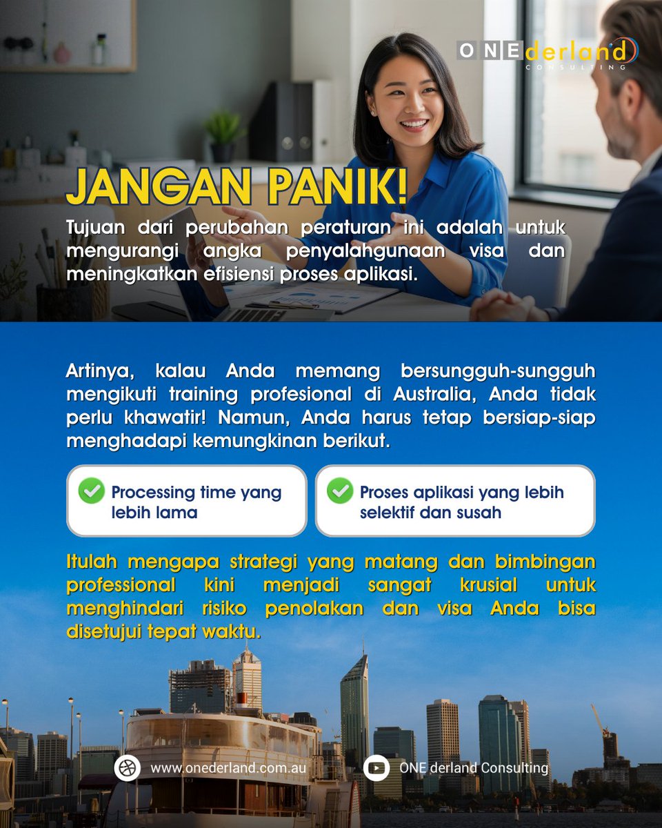onederland_idn's tweet image. Pemerintah Australia baru saja menginformasikan adanya perubahan tahap aplikasi Training Visa Subclass 407.  

📌Dulu, proses aplikasi dan nominasi bisa dilaksanakan secara bersamaan. 
Sekarang, proses tersebut harus dipisah pelaksanaannya.

#VisaAustralia #MigrationAgent