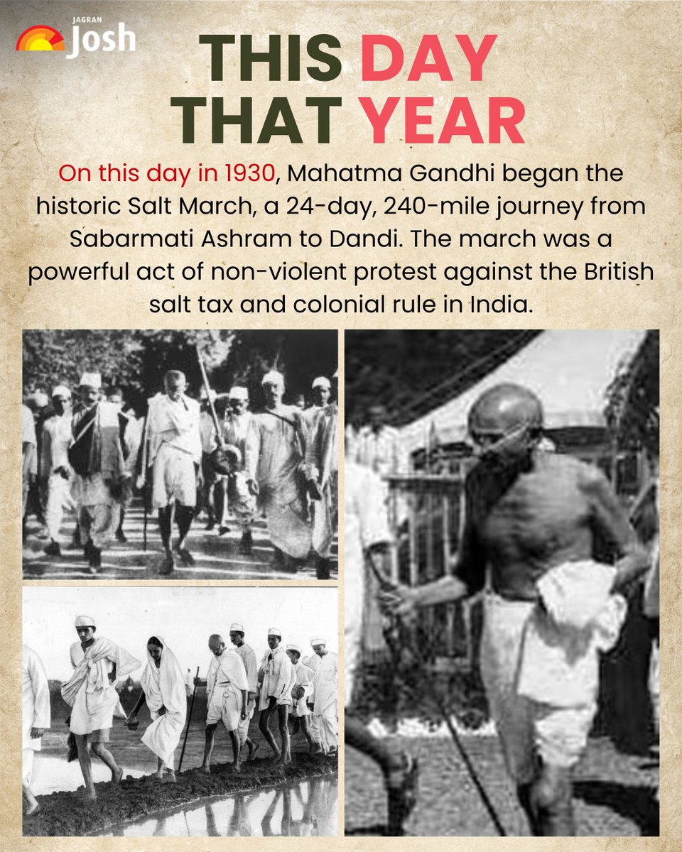 Jagranjosh's tweet photo. On March 12, 1930, Mahatma Gandhi began the historic Salt March, a 240-mile journey from Sabarmati Ashram to Dandi to protest the British salt tax.
#OnThisDay #SaltMarch #MahatmaGandhi #IndianHistory #FreedomStruggle #DandiMarch https://t.co/17NTG4JcYq