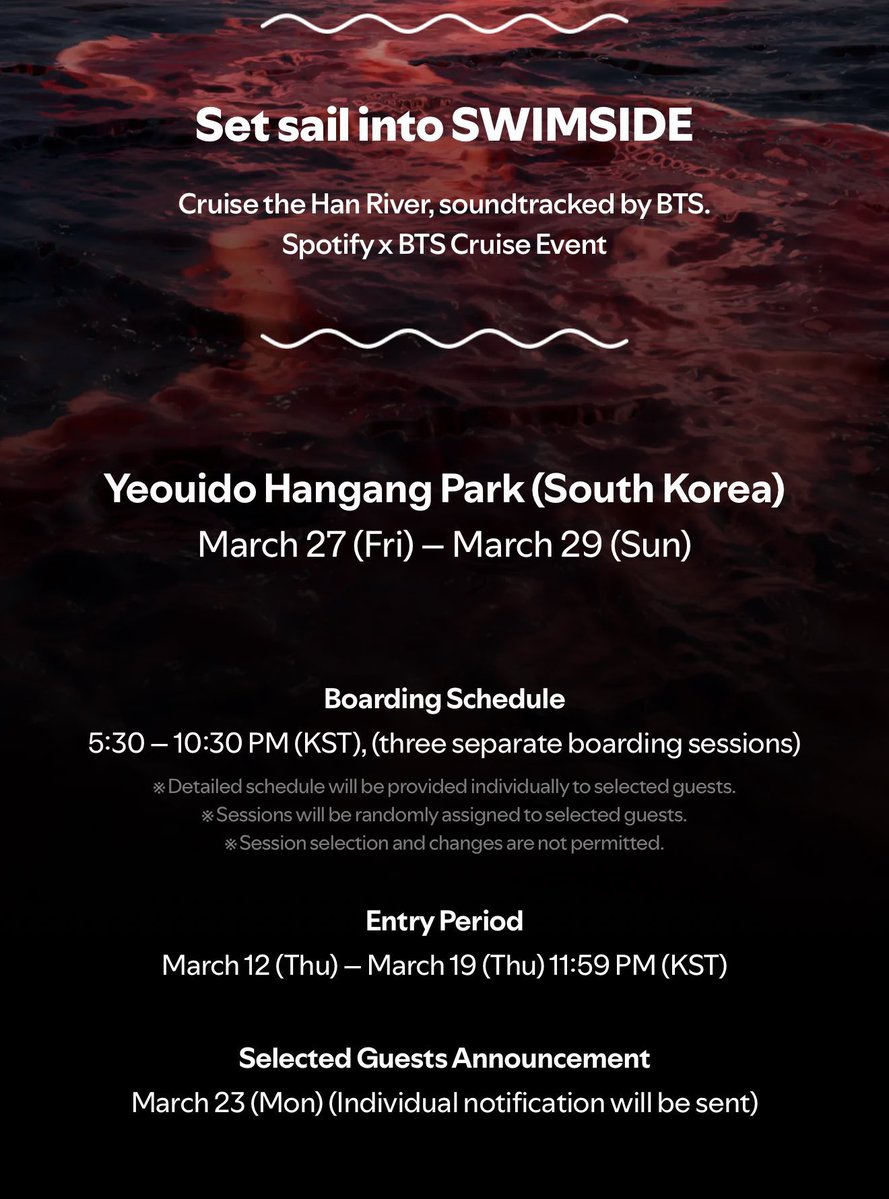 UniversBTS_'s tweet image. 📰 O Spotify anunciou uma colaboração com o BTS chamada “SWIMSIDE”, uma experiência especial de cruzeiro no Rio Han, em Seul, onde as músicas do BTS serão tocadas para os ARMYs! 💜🛳️

📍 Parque Yeouido Hangang, Seul
📅 27 a 29 de março
🕒 05h30 – 10h30 (BRT 🇧🇷) — 3 sessões de