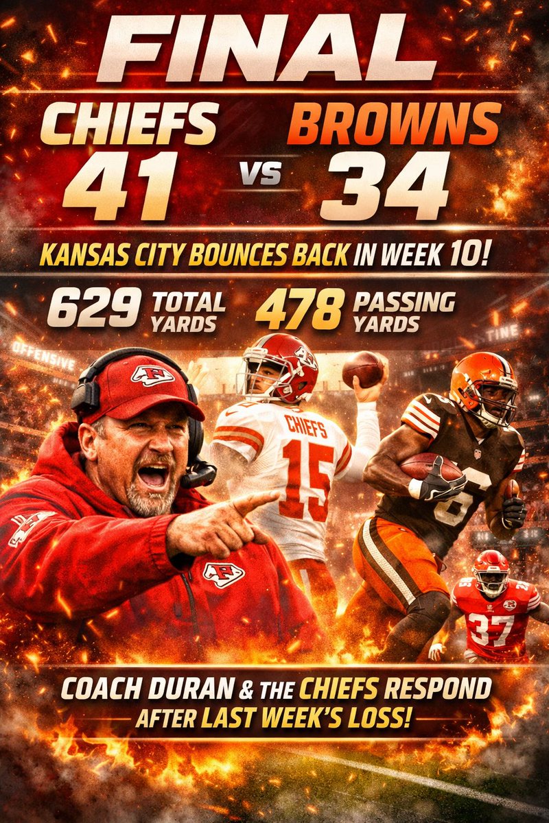 MOF_Chiefs's tweet photo. 🏹 FINAL: Chiefs 41, Browns 34

Kansas City bounces back in Week 10 with a huge offensive performance.
 629 total yards and 478 through the air power KC past Cleveland in a shootout.
Coach Duran and the Chiefs respond after last week’s loss. 🔥

@MOFLeagues #MOFS85W10 https://t.co/OdgNodXoM5