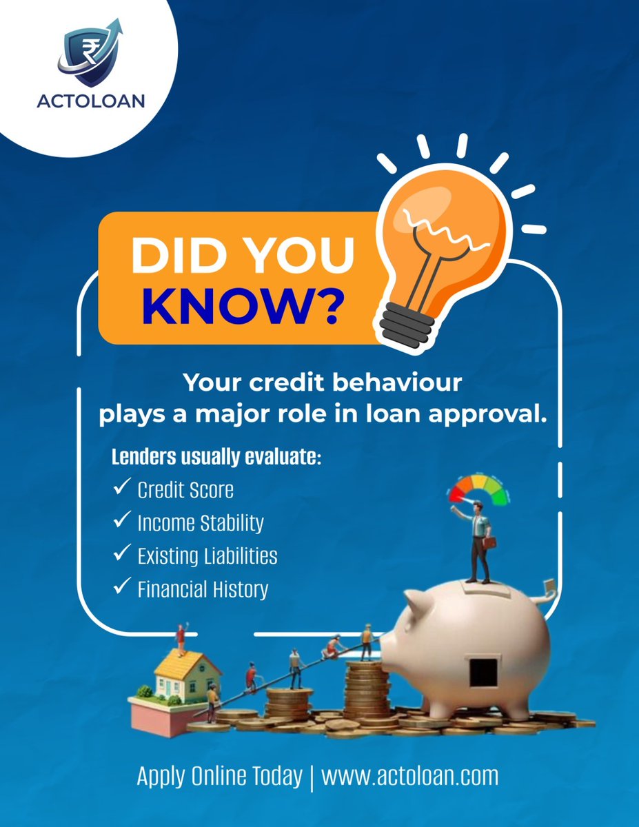 actoloan's tweet photo. 💡 Did You Know?

Your credit behaviour directly impacts loan approval.

Lenders usually check:
✔ Credit Score
✔ Income Stability
✔ Existing Liabilities
✔ Financial History
Apply online today with ActoLoan
🌐 https://t.co/o86TS5qTZG
#LoanTips #CreditScore #InstantLoan https://t.co/M1FuZfHuWX