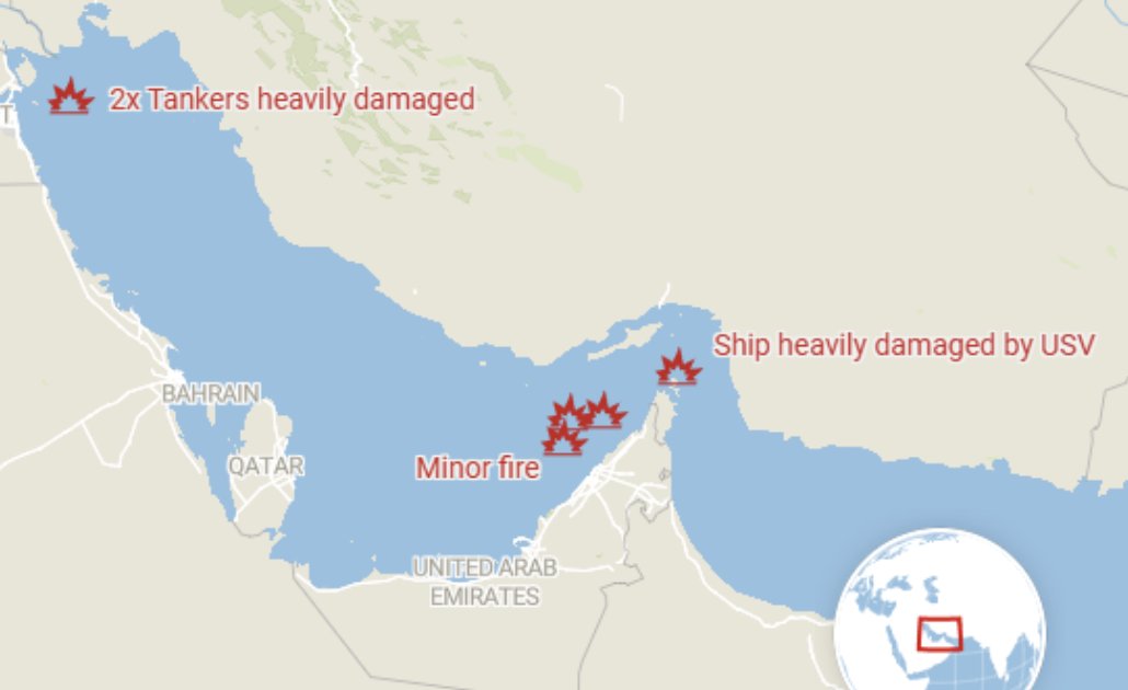 cryptorover's tweet photo. 🚨 WAR: Over the last 36 hours, Iranian forces have carried out 5 likely successful attacks on commercial vessels across the Persian Gulf.

The Strait of Hormuz is under fire. https://t.co/IhCXhYLg0B