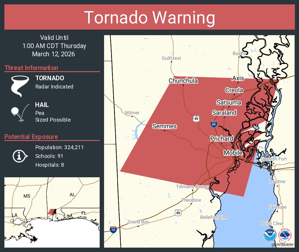 Tornado Warning including Mobile AL, Prichard AL and  Saraland AL until 1:00 AM CDT