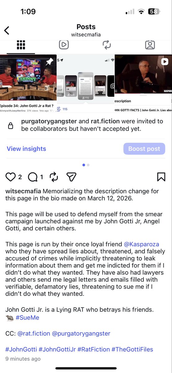 WitsecMafia's tweet photo. Memorializing the description change for this page in the bio made on March 12, 2026.

This page will be used to defend myself from the smear campaign launched against me by John Gotti Jr, Angel Gotti, and certain others.

This page is run by their once loyal friend @Kasparoza. https://t.co/BPrgqEY35u