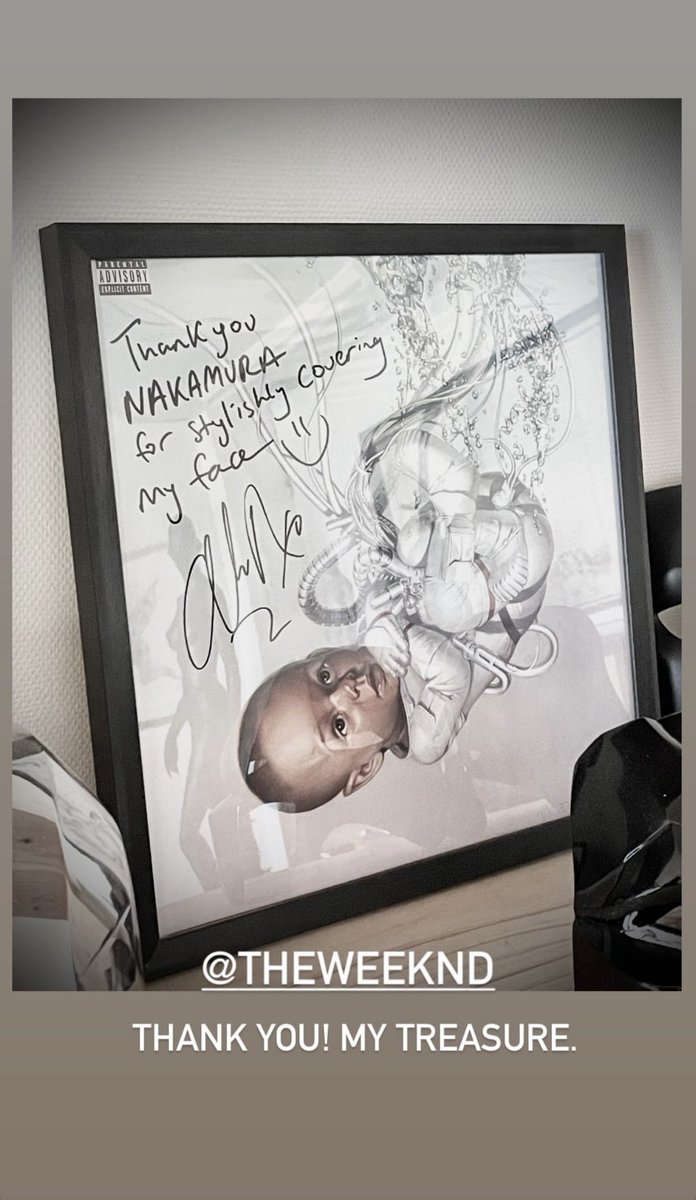 Tetsuya Nakamura (designer of The Weeknd’s After Hours Til Dawn tour masks) posts a framed picture of the Hurry Up Tomorrow Sorayama edition album cover (that he also helped to work on) gifted by Abel:  
“Thank you Nakamura for stylishly covering my face =)”

Tetsuya replied on