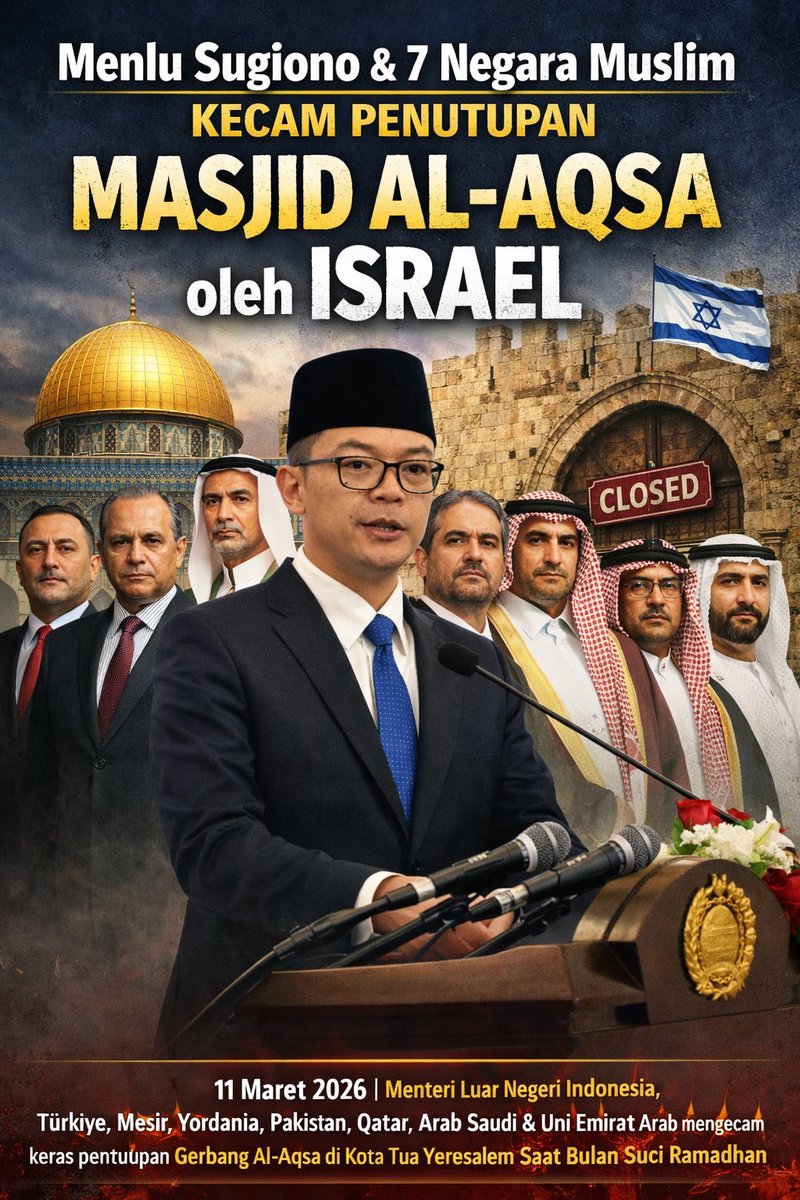 HeryWP's tweet image. Pernyataan Bersama Menteri Luar Negeri Sugiono Tentang Tindakan Israel di Kota Tua Yerusalem – 11 Maret 2026

#savepalestina #indonesia #menlu #TerimakasihPakBowo