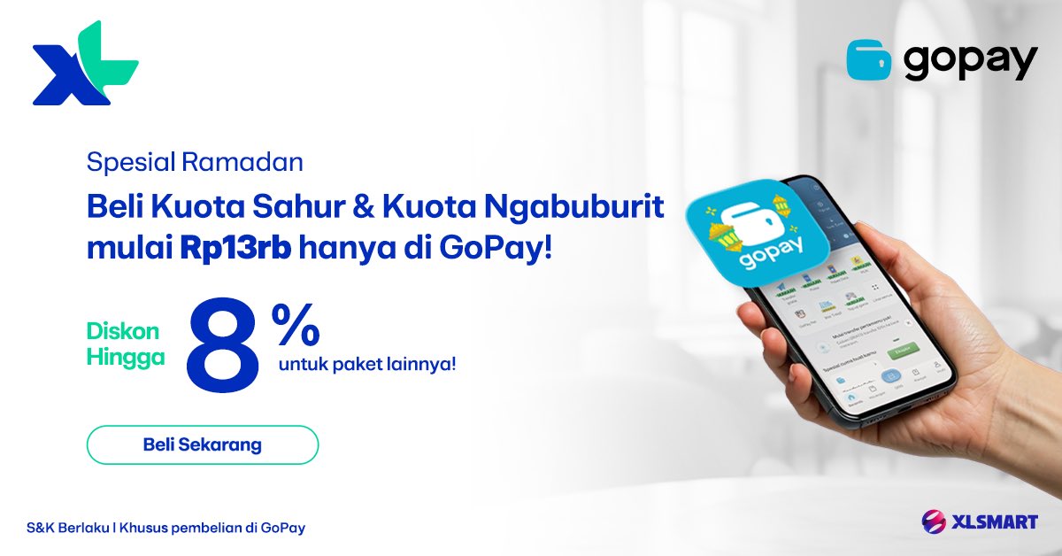 myXL's tweet photo. Ramadan deal di GoPay.

Beli Kuota Sahur &amp; Kuota Ngabuburit mulai dari Rp13rb dan nikmati juga diskon hingga 8% untuk paket lainnya.

Cek dan aktifkan sekarang di
https://t.co/f4LbcAHdqe 

tap link :https://t.co/f4LbcAHdqe https://t.co/VLaFV8irC2