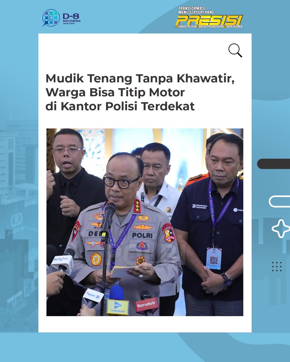 PolresTW's tweet photo. Menyambut arus mudik Lebaran 2026, Polri menghadirkan solusi nyata bagi masyarakat dengan menyediakan layanan penitipan kendaraan bermotor gratis di seluruh kantor kepolisian terdekat.

Polri Memastikan Kelancaran Perjalanan Masyarakat demi #MudikAmanBahagia https://t.co/Ou1oOEIv7b