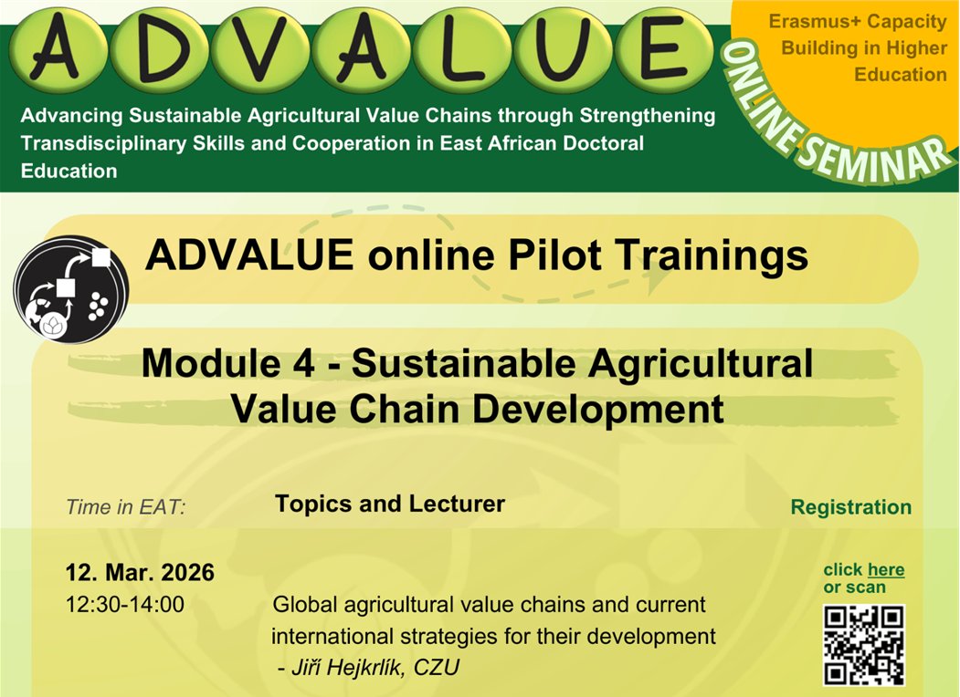 erasmus_advalue's tweet photo. Join us today for an online pilot training.

Date: 12 March 2026
Time: 12:30–14:00 (EAT)
Topic: Global agricultural value chains and current international strategies for their development
Lecturer: Jiří Hejkrlík, @CZUvPraze 

Register Here:
https://t.co/FYgDfdcQ0I

@ruforumsec https://t.co/Y41gBGN8HT