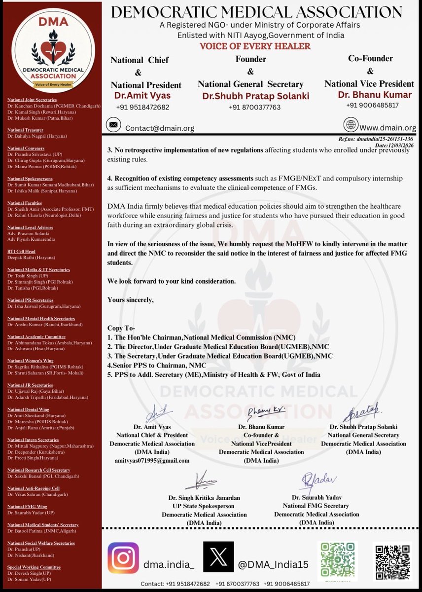 DMA_India15's tweet photo. The COVID-19 pandemic was a global emergency — not a choice made by #FMG Students.

Foreign Medical Graduates should not be punished years later for circumstances created by an Unprecedented Crisis. Online classes during COVID-19 were adopted worldwide as an Emergency measure, not a Violation.

The recent notice unfairly targets FMG students who have already complied with university instructions and completed their training.

@DMA_India15 strongly urges the @MoHFW_INDIA & @JPNadda Ji to withdraw @NMC_BHARAT notice to
ensure justice for #FMG Students.
#JusticeForFMG #MedX #MedTwitter #WithdrawNMCNotice #DMAIndia #Justice @rahulGandhi @amitvyas11123 @sarkari_doctor  @narendramodi @ShubhSolanki @JPNadda @thetribunechd @timesofindia @Xpress_edex @dainikbhaskar @BBCBreaking @cnnbrk @medicaldialogs @thetribunechd @timesofindia @TheNewIndian_in @htTweets @Indian_doctor @official_afa_ @NMC_IND @NMC_BHARAT @MoHFW_INDIA @PTI_News 
@DFlex007 @ani @DMA_India15 @INCIndia @HMOIndia @newslaundry 
@narendramodi @BJP4India @nsui @TOIIndiaNews @AamAadmiParty @ArvindKejriwal @Saurabh_MLAgk