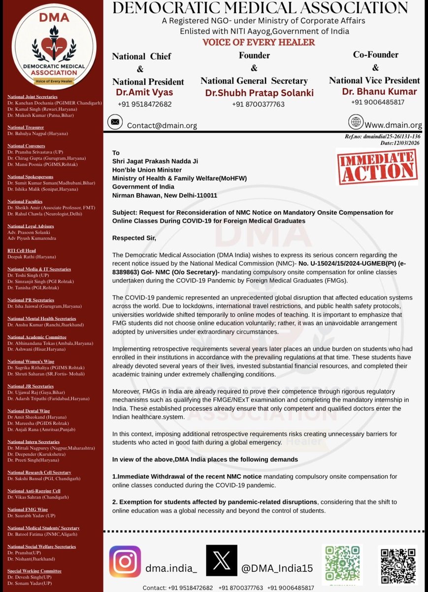 DMA_India15's tweet photo. The COVID-19 pandemic was a global emergency — not a choice made by #FMG Students.

Foreign Medical Graduates should not be punished years later for circumstances created by an Unprecedented Crisis. Online classes during COVID-19 were adopted worldwide as an Emergency measure, not a Violation.

The recent notice unfairly targets FMG students who have already complied with university instructions and completed their training.

@DMA_India15 strongly urges the @MoHFW_INDIA & @JPNadda Ji to withdraw @NMC_BHARAT notice to
ensure justice for #FMG Students.
#JusticeForFMG #MedX #MedTwitter #WithdrawNMCNotice #DMAIndia #Justice @rahulGandhi @amitvyas11123 @sarkari_doctor  @narendramodi @ShubhSolanki @JPNadda @thetribunechd @timesofindia @Xpress_edex @dainikbhaskar @BBCBreaking @cnnbrk @medicaldialogs @thetribunechd @timesofindia @TheNewIndian_in @htTweets @Indian_doctor @official_afa_ @NMC_IND @NMC_BHARAT @MoHFW_INDIA @PTI_News 
@DFlex007 @ani @DMA_India15 @INCIndia @HMOIndia @newslaundry 
@narendramodi @BJP4India @nsui @TOIIndiaNews @AamAadmiParty @ArvindKejriwal @Saurabh_MLAgk