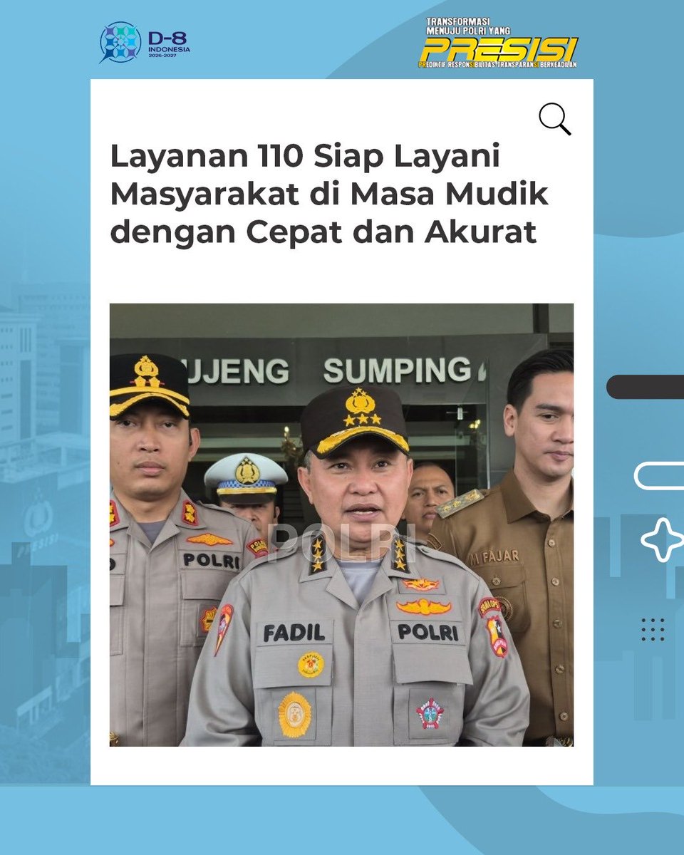 PolresTW's tweet photo. Astamaops Kapolri Komjen Pol. Dr. Muhammad Fadil Imran, S.I.K., https://t.co/Wb3Qaiqtvr., menegaskan setiap laporan yang masuk melalui layanan Call Center 110 harus ditangani secara cepat demi menjamin keselamatan masyarakat. 
#MudikAmanBahagia https://t.co/u3rW0N4EEr
