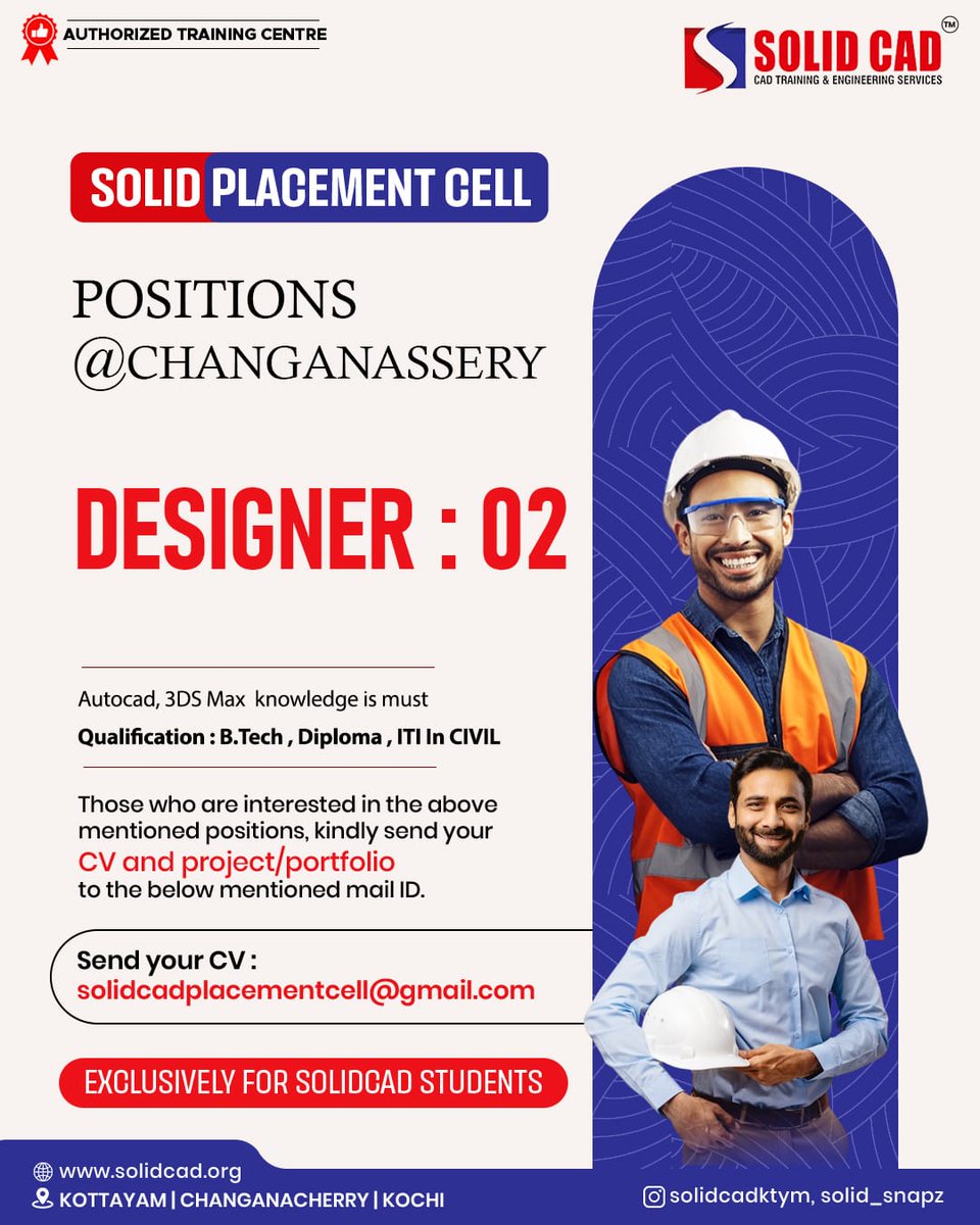 cad_solid's tweet photo. SOLID PLACEMENT CELL! β¨
POSITIONS @ CHANGANASSERY
Job Openings β DESIGNER
URGENT REQUIREMENT π¨
For Details:
β +91 9562261281, +91 7560989347
#SolidCAD #HiringNow #JobOpening #DesignerJob #CivilEngineeringJobs #AutoCADJobs #3DSMax #CivilDesigner #KeralaJobs #ChanganacherryJobs https://t.co/Ajd9Aq2OCw