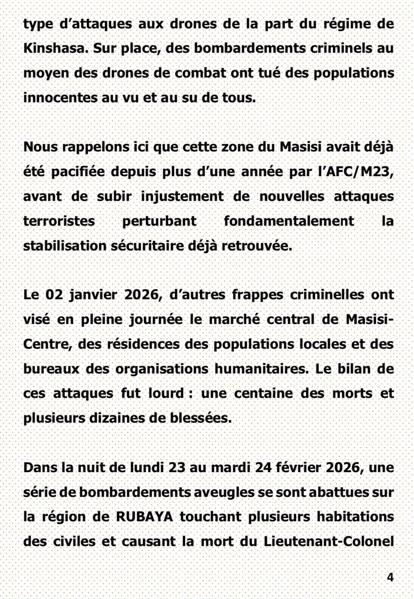 COMMUNICATION DU COORDONNATEUR POLITIQUE DE L’ALLIANCE FLEUVE CONGO / MOUVEMENT DU 23 MARS SUITE AUX ACTES TERRORISTES ET AUX CRIMES PERPÉTRÉS PAR LE M GOUVERNEMENT DE KINSHASA CONTRE LES POPULATIONS CIVILES DU TERRITOIRE LIBÉRÉ ⤵️