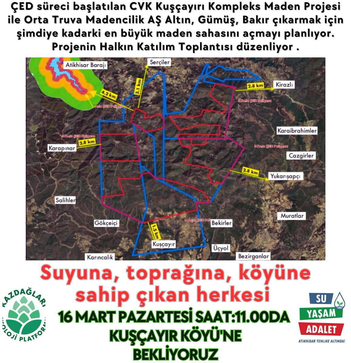 Orta Truva Madencilik AŞ  tarafından; Çanakkale  Bayramiç ilçesi, Kuşçayır Köyü mevkiinde yapılması planlanan Altın, Gümüş, Bakır Madeni projesinin
geçtiğimiz haftalarda Çed süreci başlatıldı. 

Proje Kazdağları bölgesindeki en büyük maden sahasına sahip. Toplam ÇED başvurusu