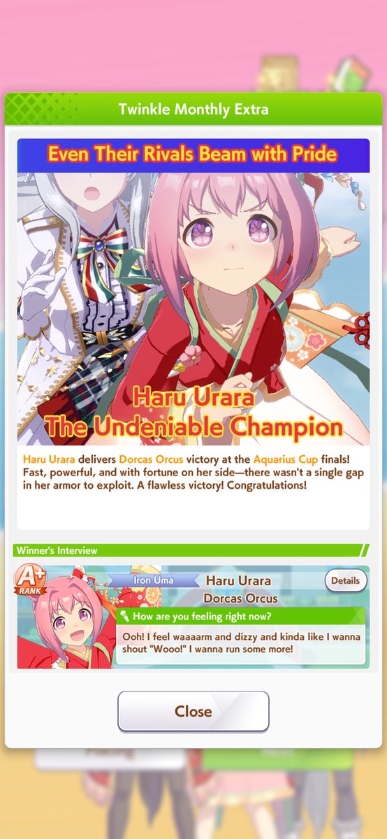MnemoSynestral's tweet photo. My Haru Urara got 1st in Aquarius Cup Group B Finals 😭😭😭 that’s my GOAT #umamusume https://t.co/EYoqesaMyD
