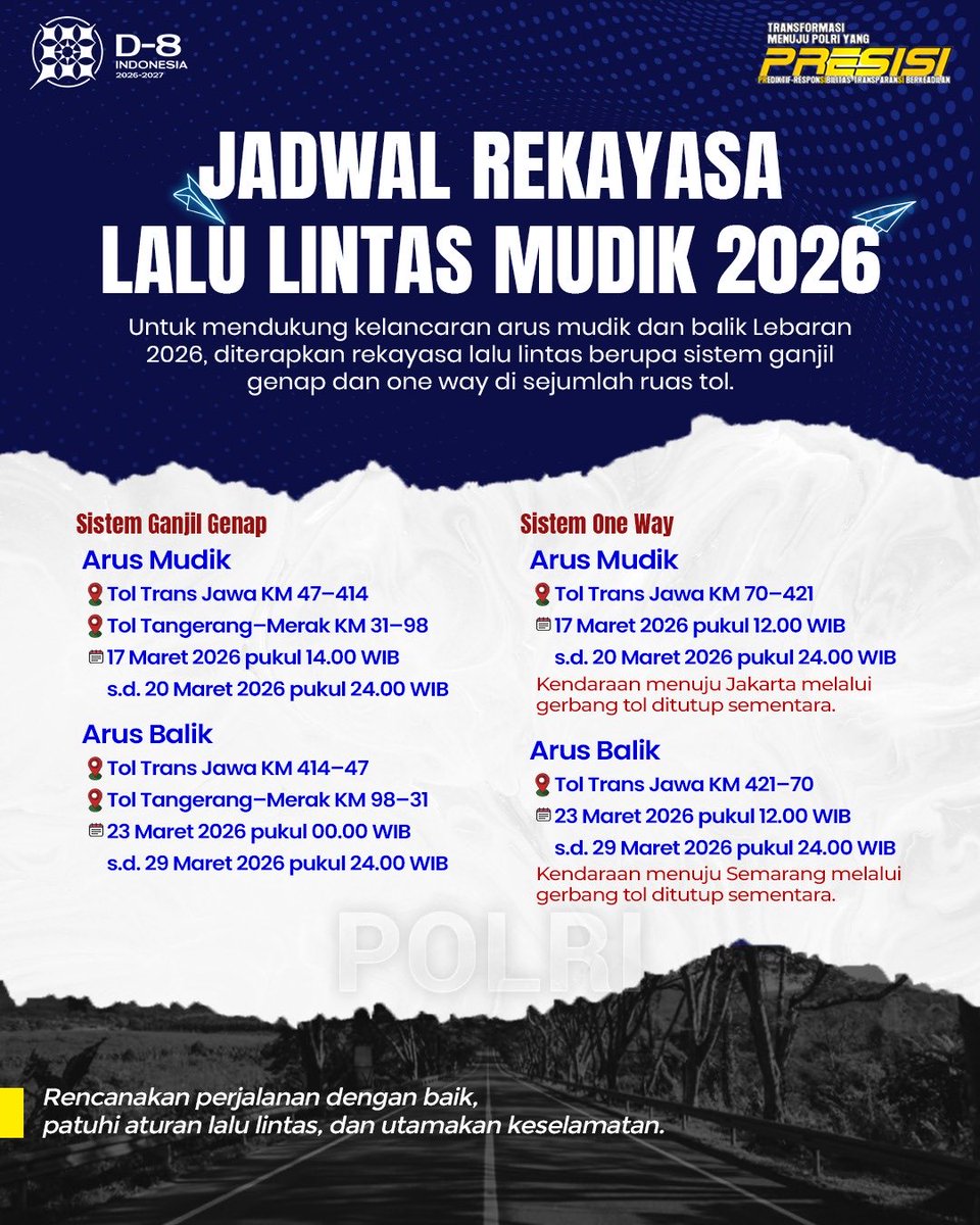PolresTW's tweet photo. Mudik Lebaran 2026 semakin dekat. Untuk mendukung kelancaran arus kendaraan serta meningkatkan keselamatan para pemudik, diterapkan rekayasa lalu lintas berupa sistem ganjil genap dan one way di sejumlah ruas tol.

#MudikAmanBahagia

Mudik Aman, Keluarga Bahagia. https://t.co/KysTN9mzsq