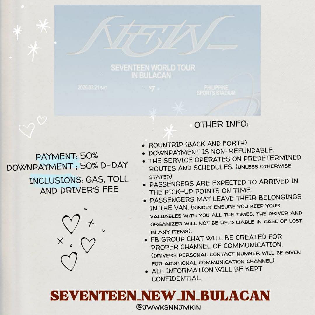 llrgxx's tweet photo. hiiii its me po again, im offering vanpool for #SEVENTEEN_NEW_IN_BULACAN 

— good for 14pax 
— pick up time depends on the pick up loc

dm me.

t. wts lfb bulacan world tour concert manila ph lf kasabay carpool shuttle service van rental transpo philippine arena https://t.co/ICi8I3QCIc