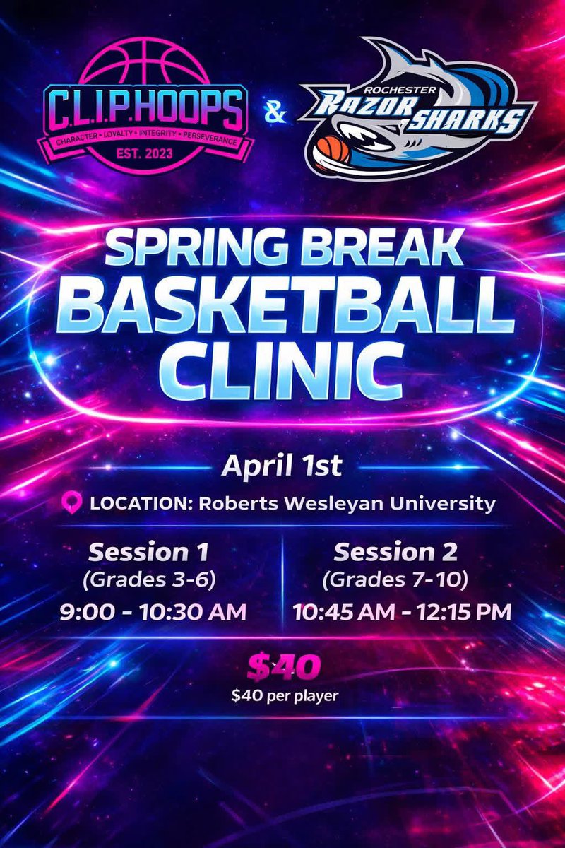 CLIP Hoops and Rochester Razorsharks Youth Development will be partnering up this April ito offer a Spring Break Basketball Clinic! This opportunity is open to boys AND girls in grades 3-10 from any school district. 

⬇️ REGISTRATION LINK ⬇️ 
form.jotform.com/240996227529165