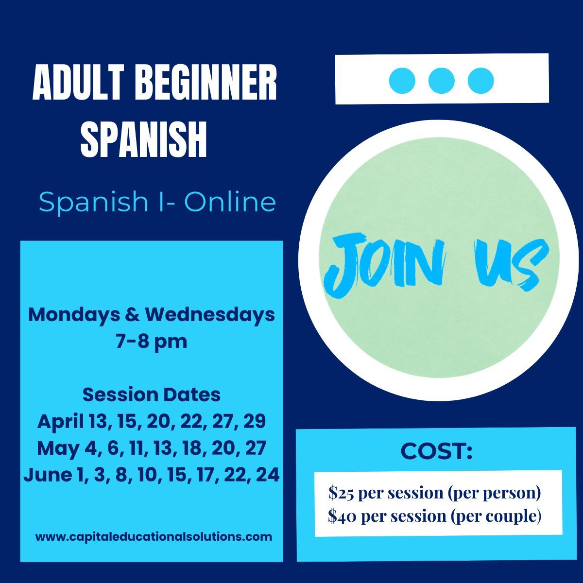 Have you ever wanted to learn Spanish, but did not know where to start?  Join our live online Adult Spanish I class and begin building the skills you need to communicate confidently in Spanish.  

Join Now by visiting buff.ly/6zkDCWy

#AdultSpanishClass #BeginnerSpanish