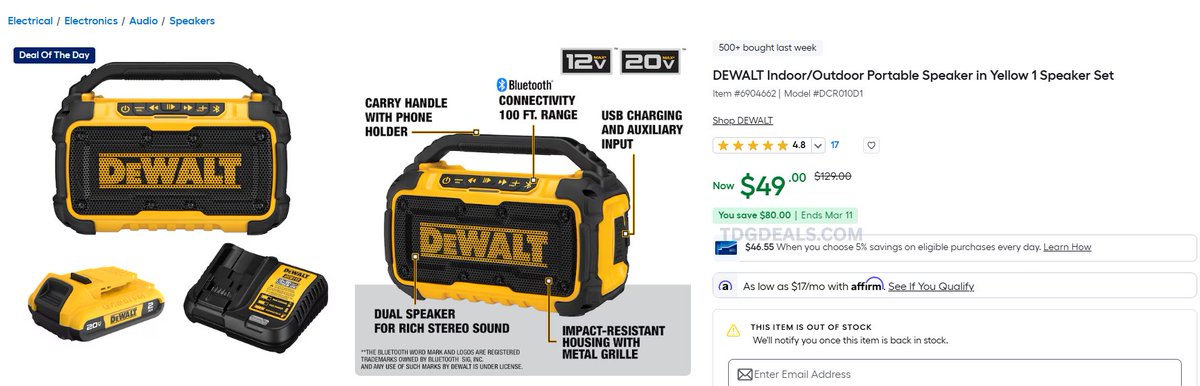 thedealsguy_'s tweet photo. Lowe's Price Match Deal!

$50 DeWalt Portable Bluetooth Speaker with Battery and Charger

Find the item in store, then at checkout ask them to price match the online price to get it for around $50.

https://t.co/JhztOeRCvu

#LowesPartners #Ad https://t.co/cCkYSHhKGe