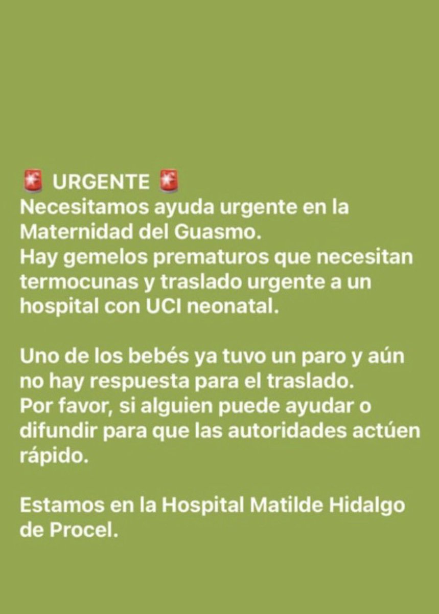 paultutiven's tweet photo. AYUDA
Gemelos prematuros necesitan termocunas y traslado a un hospital con UCI neonatal. @Salud_Ec https://t.co/3CQjG6dArT