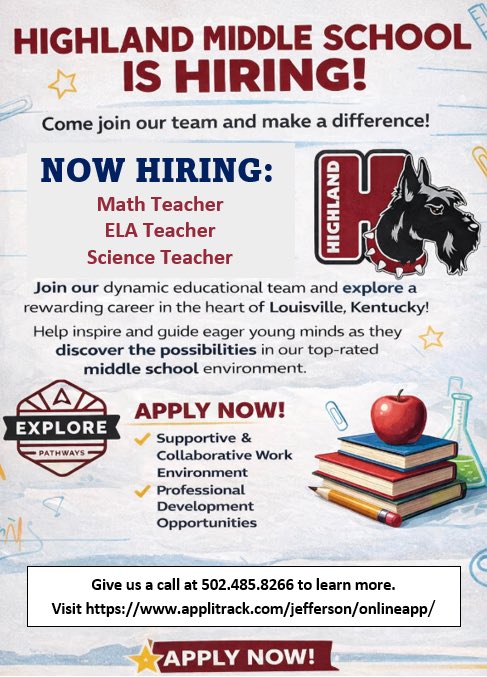 HighlandPROUD's tweet photo. Student enrollment is on the rise 📈 at Highland Middle School. So we are hiring! Come join the amazing faculty &amp; staff. We can’t wait to meet you. https://t.co/yw3DLwoaGZ