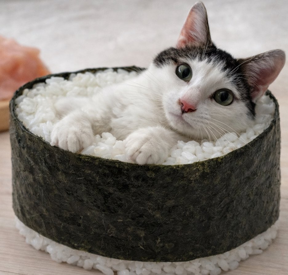 Saeroyi_cat's tweet photo. セロイとプランスも猫軍艦巻きにしてみました🍣
なんか違う😂
#ほぼおにぎり
#猫が軍艦巻きになるベッド https://t.co/sXBGTRFDhr