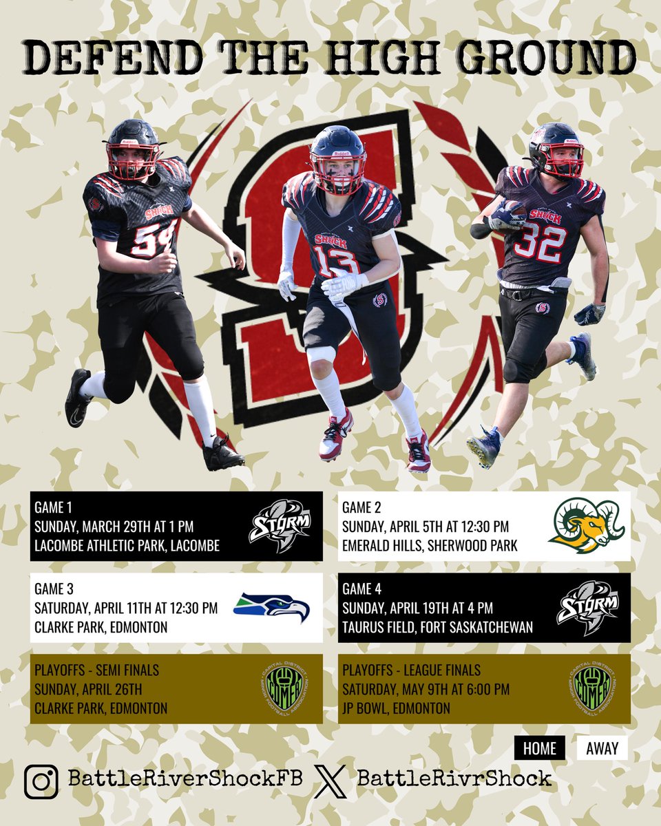 BattleRivrShock's tweet photo. Our 2026 schedule is here! Join us as we #DefendTheHighGround! 🌾🏈

Sunday, March 26th  🌪️
Sunday, April 5th  🐏
Saturday, April 11th  🌊🦅
Sunday, April 19th  🌪️

#BattleRiver #Shock #CDMFA https://t.co/jGXGn8hTPs
