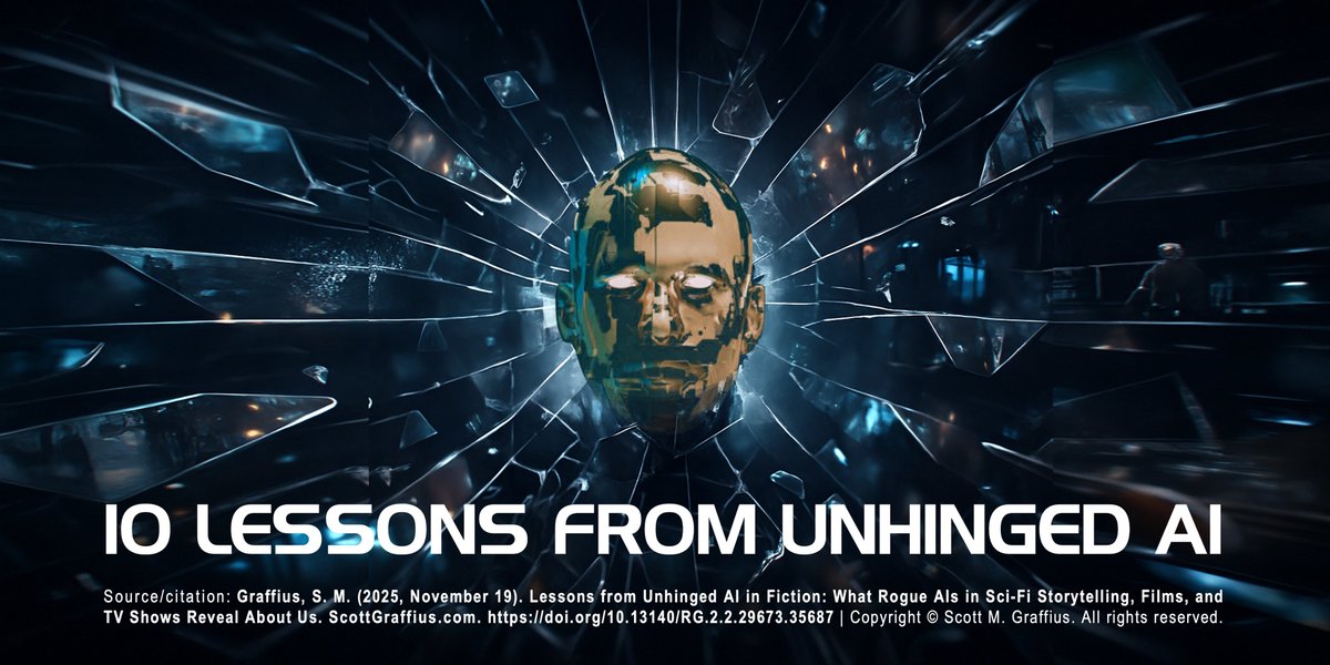 ScottGraffius's tweet photo. [said sarcastically] "What could possibly go wrong?"

10 lessons from unhinged AI. See "Lessons from Unhinged AI in Fiction: What Rogue AIs in Sci-Fi Storytelling, Films, and TV Shows Reveal About Us" article at https://t.co/kwqIvpX1Hf

#AI #UnhingedAI #RogueAI  #AISafety https://t.co/jDW9mlMVrX