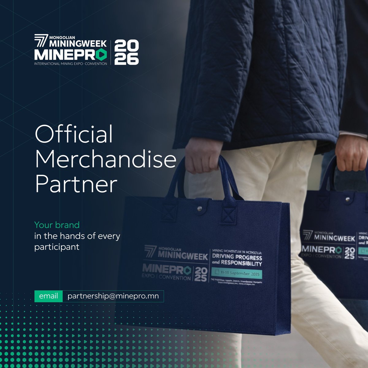 mining_week's tweet photo. MiningWeek &amp; MinePro 2026 арга хэмжээний 𝗢𝗳𝗳𝗶𝗰𝗶𝗮𝗹 𝗠𝗲𝗿𝗰𝗵𝗮𝗻𝗱𝗶𝘀𝗲 𝗣𝗮𝗿𝘁𝗻𝗲𝗿 болж оролцогчдод тараагдах албан ёсны бүтээгдэхүүн дээр брэндээ байршуулж, өргөн хүрээний харагдац бий болгох боломжийг ашиглаарай.

👉 Ивээн тэтгэгчээр нэгдэх: partnership@minepro.mn https://t.co/5A7FDMCwT8